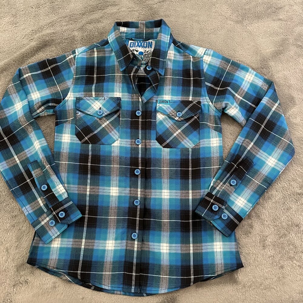 Dixxon Flannel Falls Blue Plaid Button Down Shirt Women's SMALL Long Sleeve